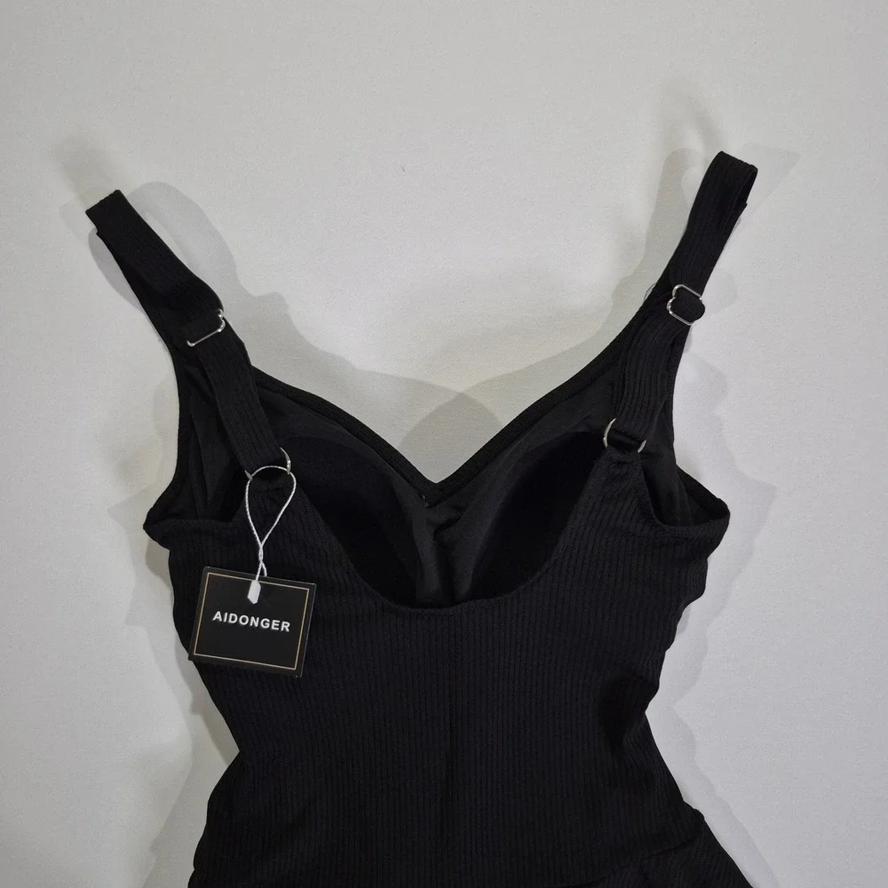Aidonger Womens Black Ribbed One Piece Swim Dress V-Neck Side Tie Swimsuit Small